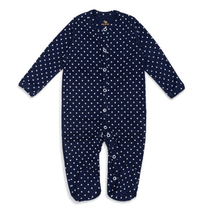 Front of ultra-soft Peruvian Pima cotton baby footie in navy blue with white stars.