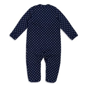 Back of ultra-soft Peruvian Pima cotton baby footie in navy blue with white stars.