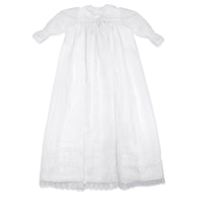 Back of white organza baptismal and christening gown with lace detail.