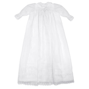 Back of white organza baptismal and christening gown with lace detail.